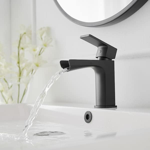 Single Handle Single Hole Bathroom Faucet with Drain Included, Waterfall Bathroom Faucet in Matte Black