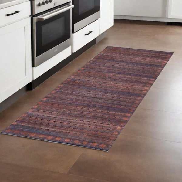 HomeRoots Red Brown and Blue 3 ft. x 8 ft. Floral Area Rug