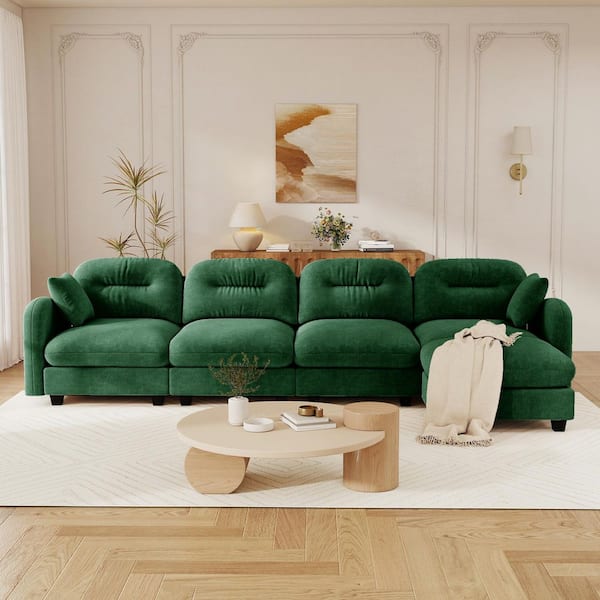 Keene 140 in. Chenille Upholstered Cloud Rectangle Sectional Sofa in Green with Ottoman, 2-Pillows