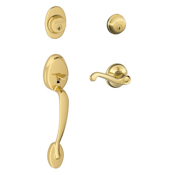 Schlage Plymouth Bright Brass Double Cylinder Deadbolt with Right Handed Flair Lever Door Handleset