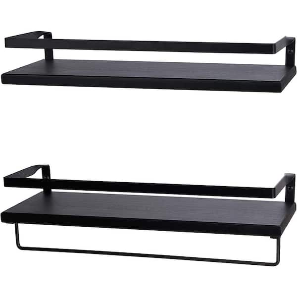 Cubilan 16.75 in. W x 5.5 in. D Black Wood Decorative Wall Shelf, Wall Shelves with Towel Bar, Set of 2