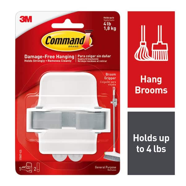 4 lb. Broom and Mop Grippers Wall Hook, White, Damage Free Organizing, 1 Hanger