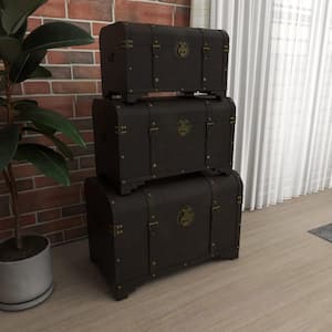 Brown Wood Nesting Upholstered Trunk with Vintage Accents and Studs (Set of 3)