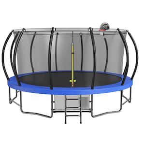 16 ft. Outdoor Round Blue Trampoline with Ladder, Shoe Bag, Galvanized Anti-Rust Coating, Basketball Hoop