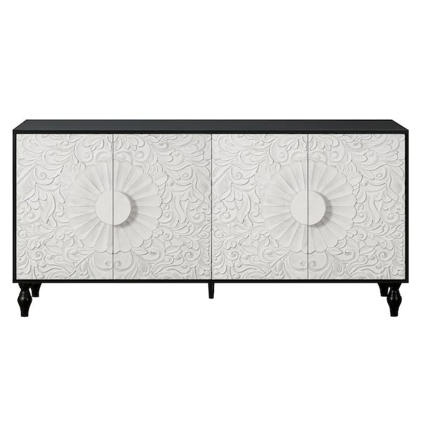 CSC DECOR INC White MDF 62.99 in. Vintage Carved Sideboards 4-Doors Large Storage Cabinet Farmhouse Buffet Cabinet Accent Cabinets