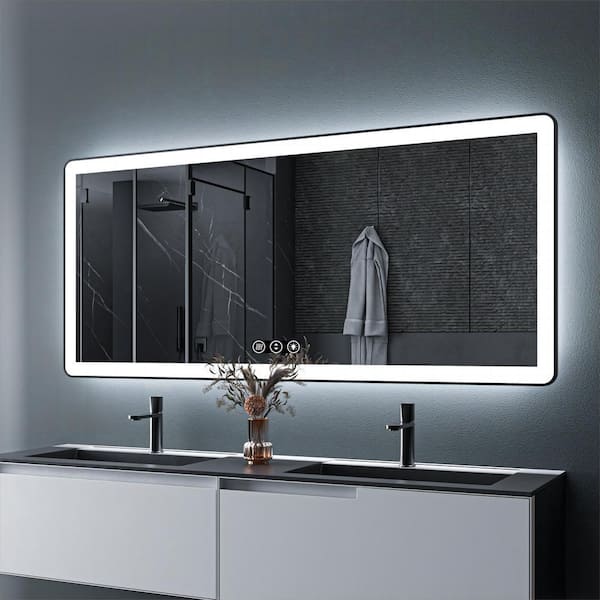 72 in. W x 32 in. H Rectangular Framed LED Anti-Fog Wall Mount Bathroom Mirror in Black with Backlit and Front Light