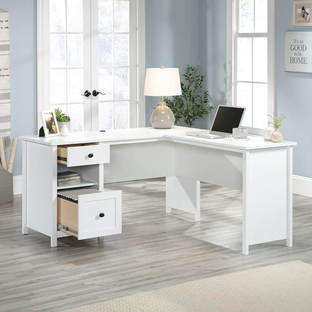 Soft White L-Shaped Executive Desk with Drawer and Filing Cabinet