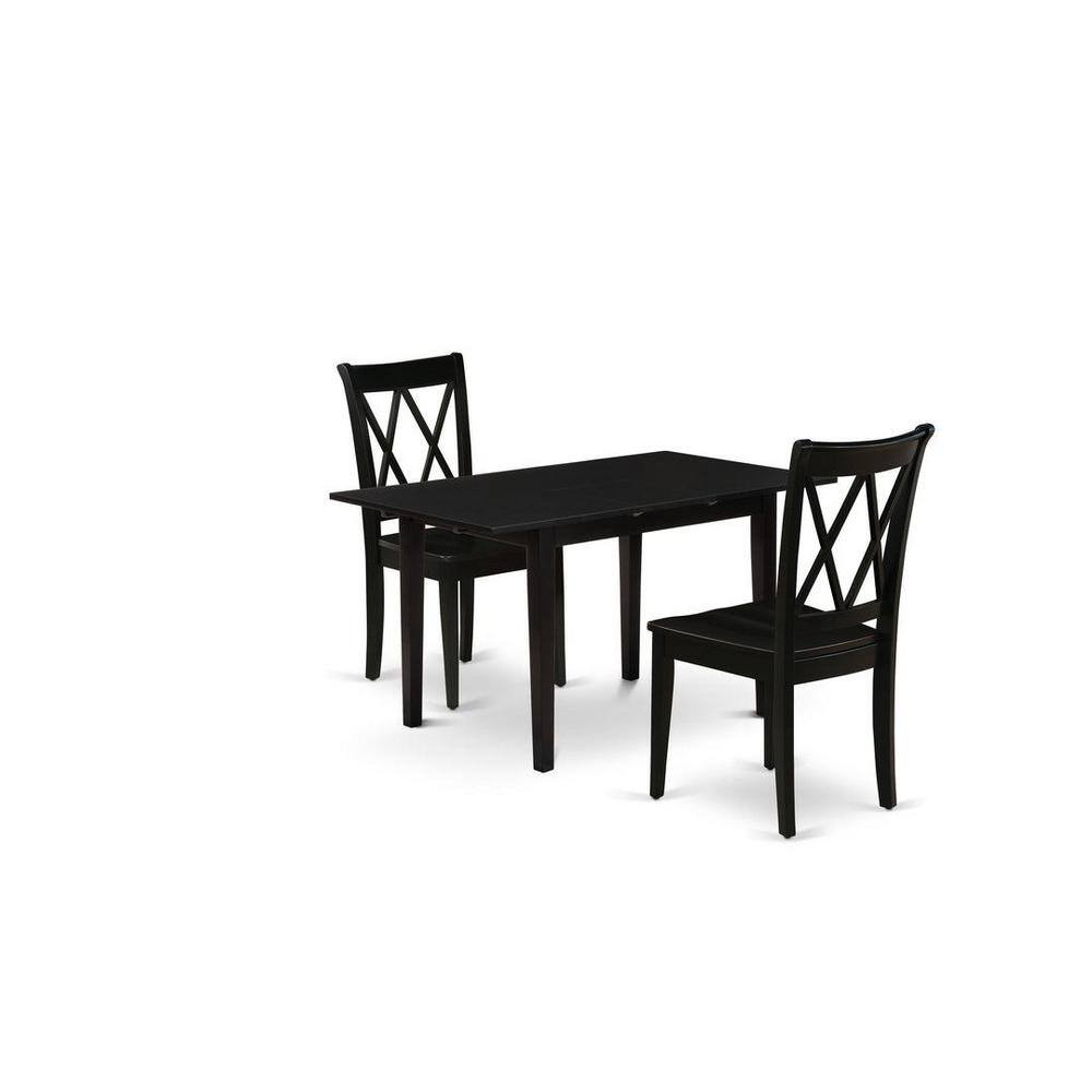 3-Piece Black Finish Rectangular Solid Wood Top with Butterfly Leaf Dining Table Set
