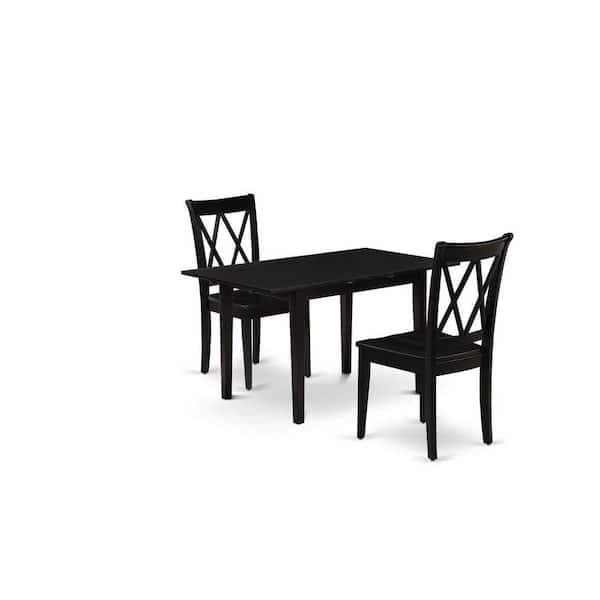 East West Furniture 3-Piece Black Finish Rectangular Solid Wood Top with Butterfly Leaf Dining Table Set