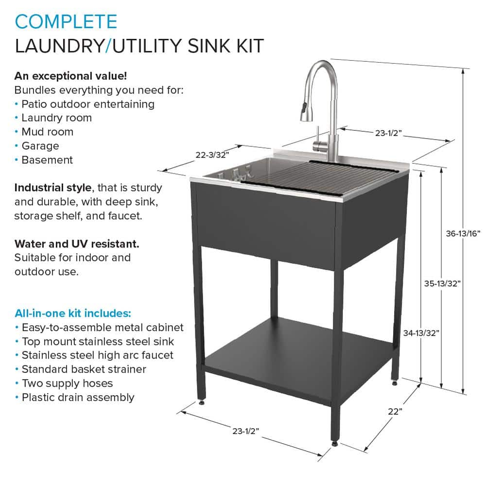 24'' Matte Black Stainless Steel Freestanding Laundry Sink with Washstand