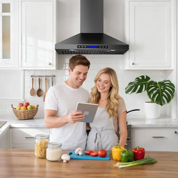 36 in. 900 CFM Convertible Wall Mount Downdraft System in Black Stainless Steel with Remote Control, Touch Control LCD