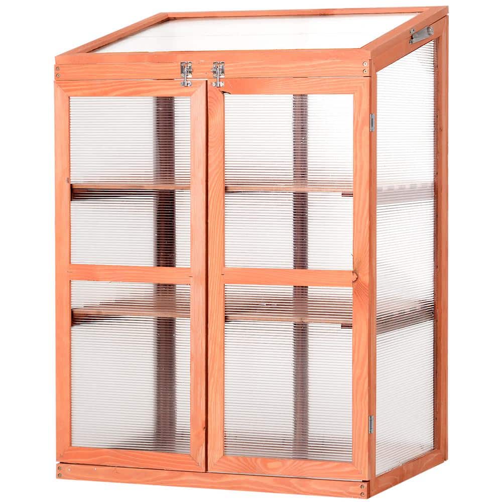 Natural Wood Mini Greenhouse with Adjustable Shelves and Transparent Panels