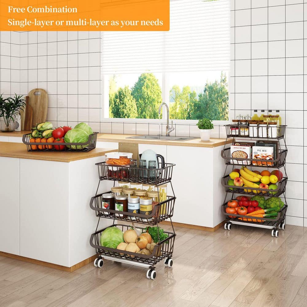 4-Tier 15.75 in. x 31.2 in. Metal Stackable Metal Wire Storage Baskets with Wheels for Kitchen, Pantry, Bathroom, Bronze