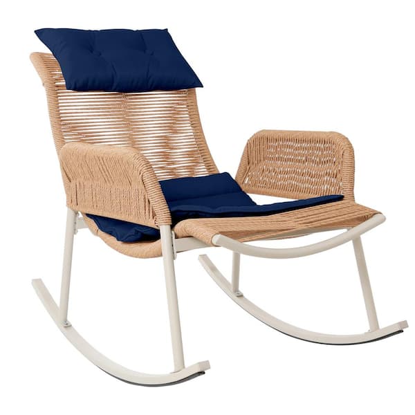 PATIOGUARDER Patio Beige Wicker Braided Style Outdoor Rocking Chair with Navy Blue Cushions