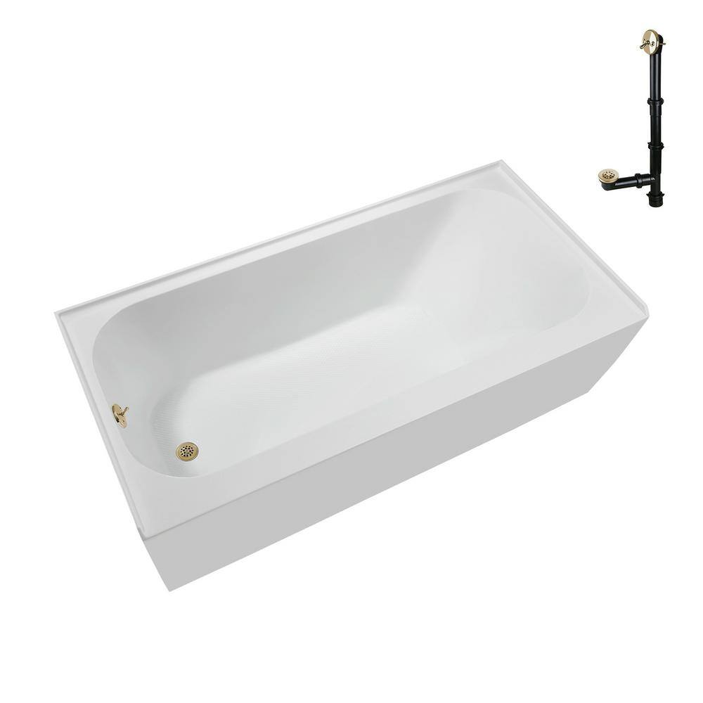 66-Inch Glossy White Acrylic Alcove Bathtub with Polished Brass Drain
