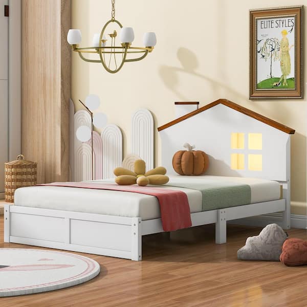 Polibi Twin Size Wood Frame Platform Bed with House-Shaped Headboard and Built-in LED,White-2