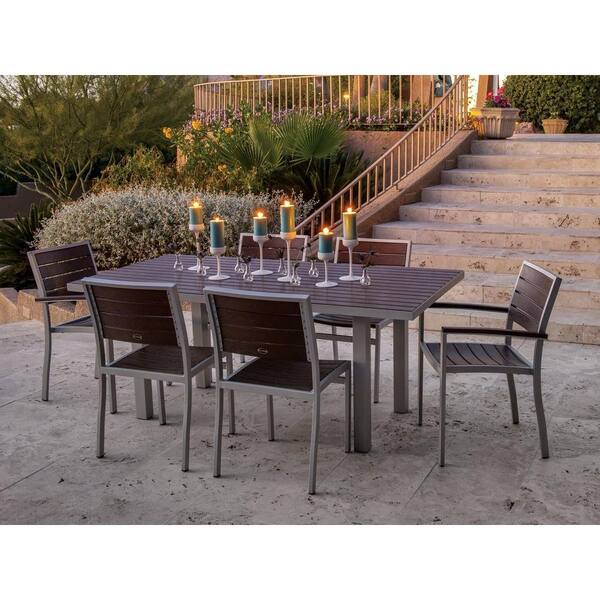 POLYWOOD Euro Textured Silver All-Weather Aluminum/Plastic Outdoor Dining Set in Mahogany Slats