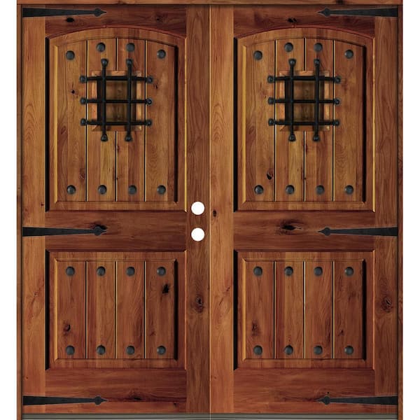 72 in. x 80 in. Mediterranean Knotty Alder Arch Top with Red Chestnut Stain Left-Hand Wood Double Prehung Front Door