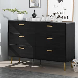 6-Drawers Black Wood Dresser Storage Cabinet Organizer With Metal Leg 54 in. W x 15.6 in. D x 30.1 in. H