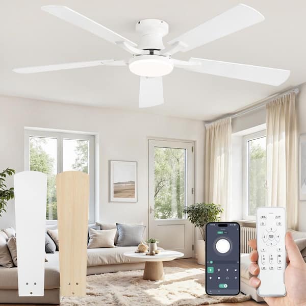 52 in. Indoor Dimmable LED White Flush Mount Low Profile Ceiling Fan with Lights and App and Remote Dual-Finish Blades