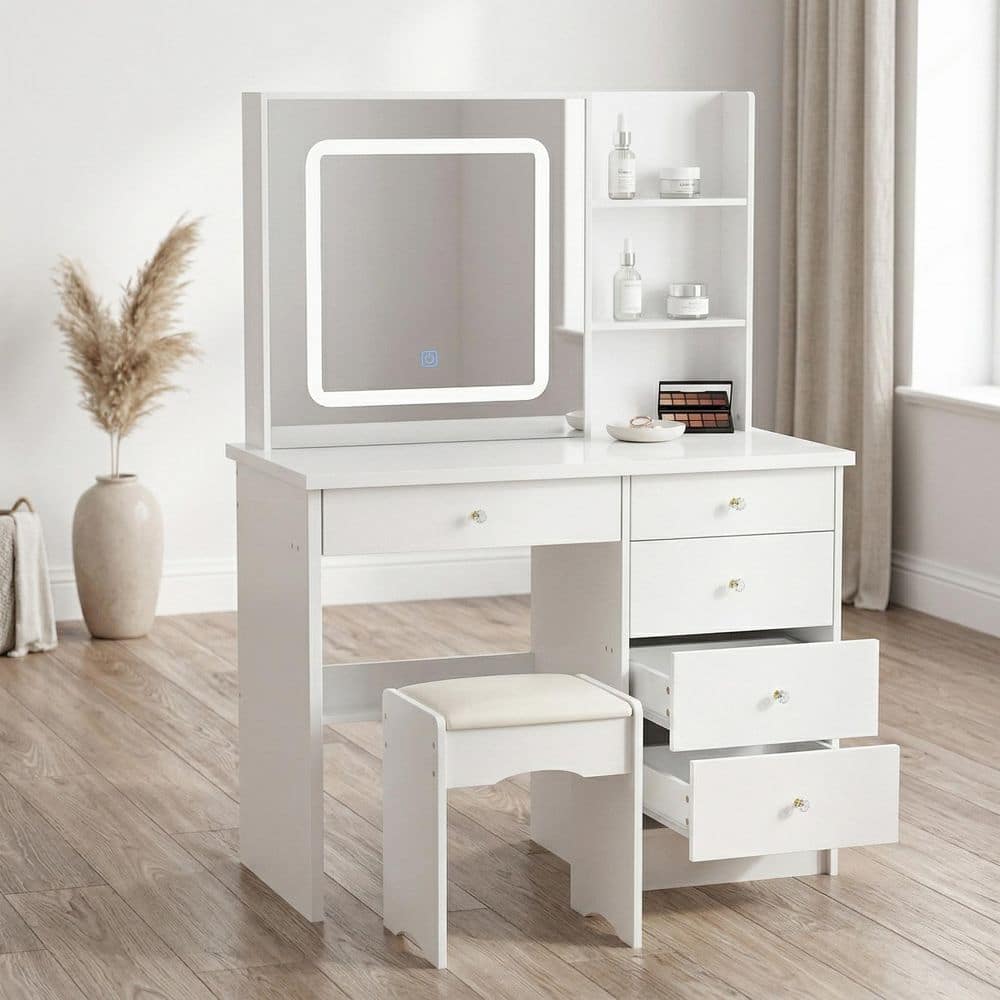 5-Drawers White Makeup Vanity Sets Dressing Table Sets with LED Dimmable Mirror, Stool and 3-Tier Storage Shelves - thumbnail 2