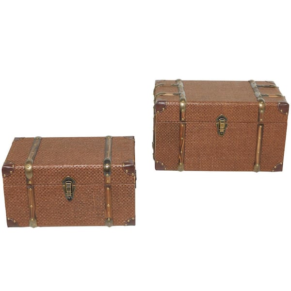 Litton Lane Brown Plastic Rattan Woven Inspired Trunk with Latches and  Leather Accents 21.30 in. (Set of 2) 043902 - The Home Depot