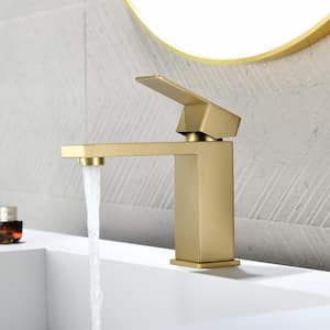 Single Handle Single Hole Bathroom Faucet with Deckplate&Drain Included, Square Bathroom Faucet in Brushed Gold