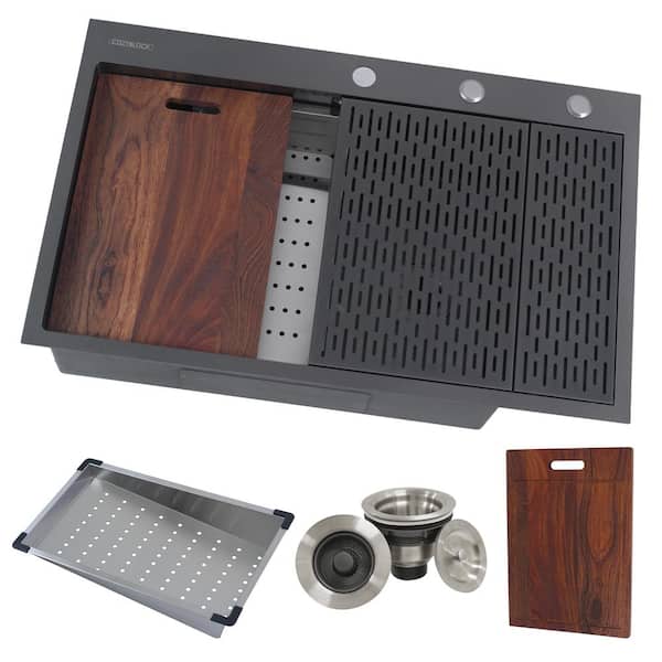 eModernDecor 33 in. CozyBlock Honeycomb Embossed Drop In Workstation Kitchen Sink Single Bowl 16G Black Stainless Steel w Drainboard