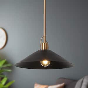 Black Pendant Light 1-Light Modern Industrial Island Hanging Ceiling Light with Geometric Bell Shade and Brass Accent
