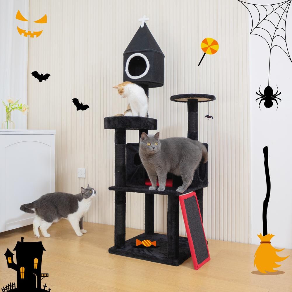64-Inch Gothic Black and Red Cat Tree Tower with Sisal Scratching Post