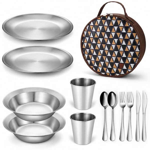 13-Piece Stainless Steel Camping Mess Kit Set for 2 with Plates, Bowls, Cups, Cutlery and Travel Case