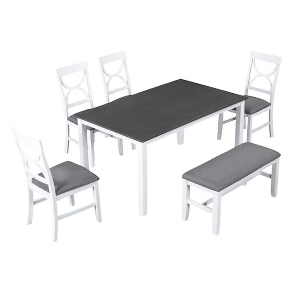 Polibi 6-Piece Farmhouse White Wood Top Dining Room Set with Upholstered Bench and 4 Dining Chairs Seats 5
