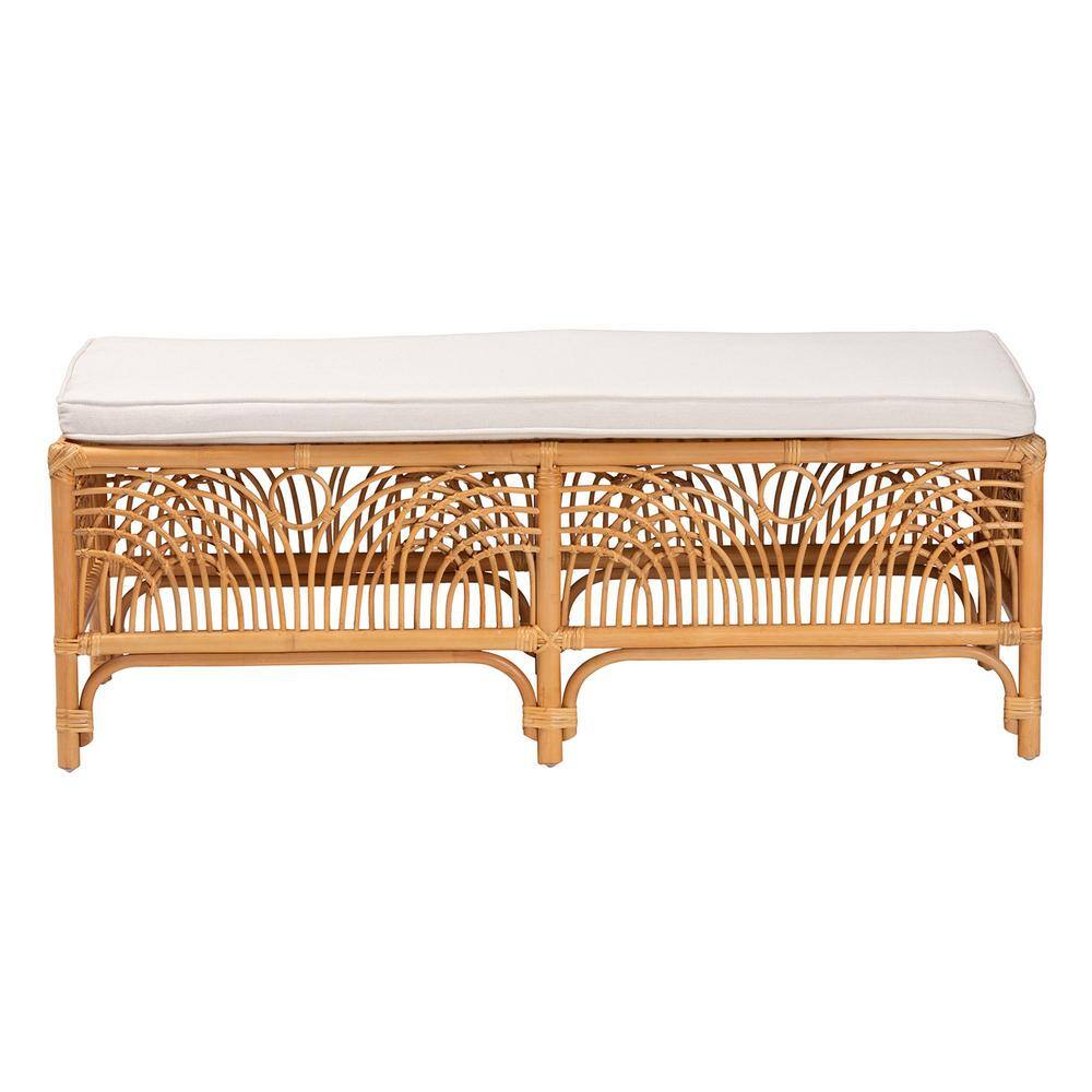 Materra Natural Brown Rattan Bench with Plush White Cushion