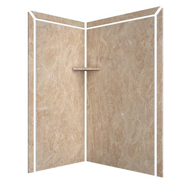 Elegance 36 in. x 48 in. x 80 in. 7-Piece Easy Up Adhesive Corner Shower Wall Surround in Alaskan Ivory