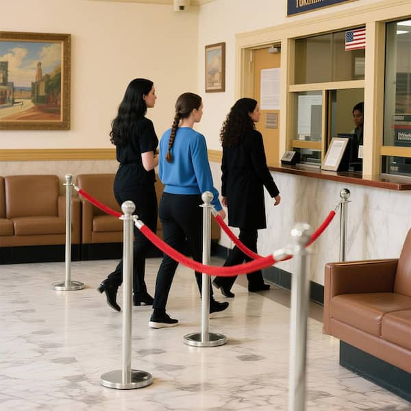 Silver Stainless Steel Crowd Control Barrier 37 in. H with Ball Top and 5 ft. Red Rope (Set of 6)