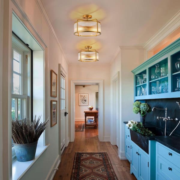 13.4 in. 2-Light Brass Drum Semi Flush Mount Light with Ribbed Glass Shade