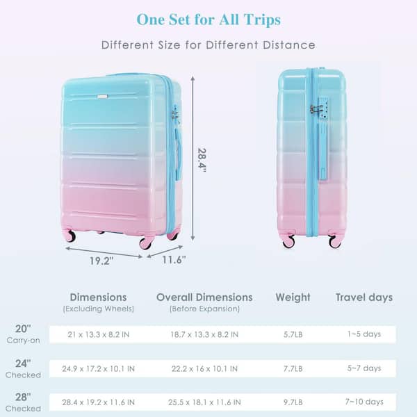 Merax 3-Piece Light Blue and Pink 20 in. 24 in. 28 in. ABS, PC