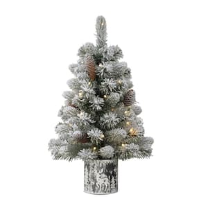 Pre-Lit 2 ft. Flocked Table Top Artificial Christmas Tree in Metal Pot, Green
