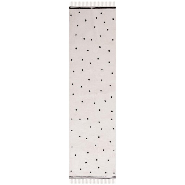 Easy Care 2 ft. x 11 ft. Ivory/Black Machine Washable Spotted Fringe Runner Rug