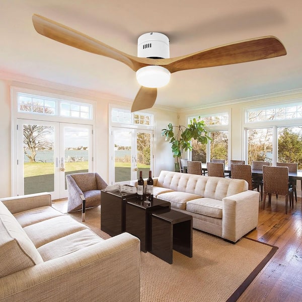 52 in. Smart Indoor White Low Profile Standard Ceiling Fan with Solid Wood Blade APP Remote Dimmable LED