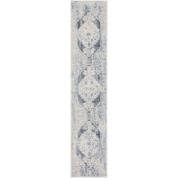 Nourison Astra Machine Washable Blue Ivory 2 ft. x 12 ft. Distressed Traditional Runner Area Rug