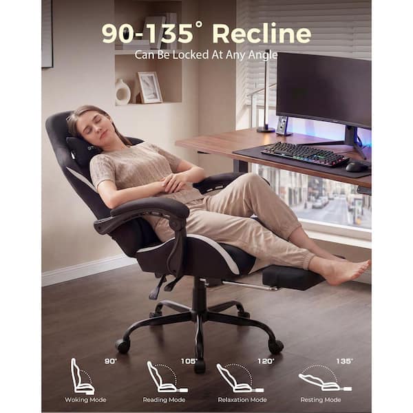 Breathable Fabric Computer Chair with Footrest and Pocket Spring Cushion Ergonomic Gaming Chair, White