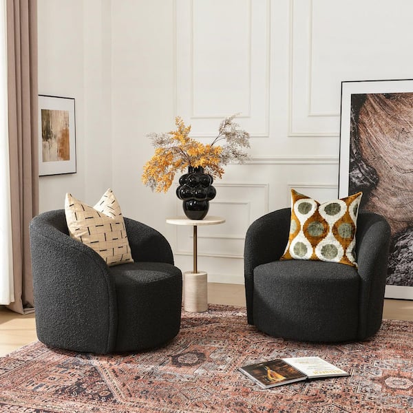 34 in. W Charcoal Boucle Upholstered Arm Chair with Swivel (Set of 2)