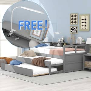 Gray Twin XL Wood Daybed with 2 Trundles, 3 Storage Cubbies, 1 Light for Free and USB Charging Design