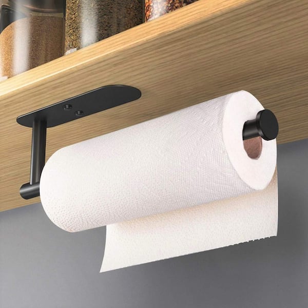 Wall Mount Black Paper Towel Holder Stainless Steel Under Cabinet Adhesive Stick for Kitchen 1-Piece