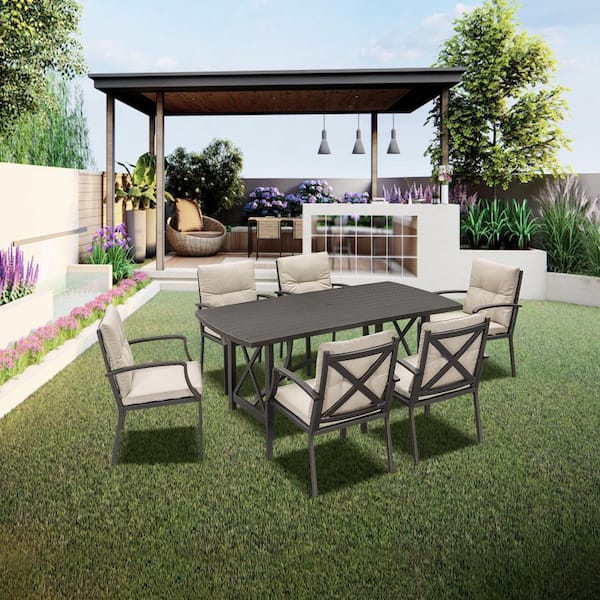 RUIZI AluLux 7-Piece Dark Brown Aluminum Outdoor Dining Set with Rectangular Table and Beige Cushions