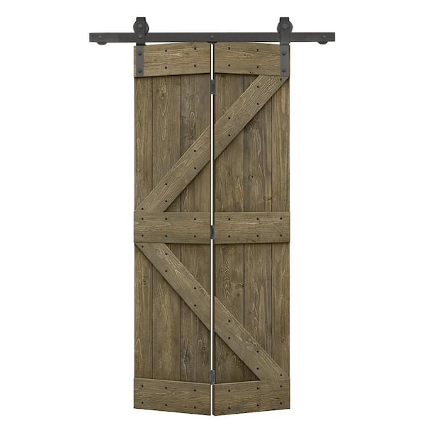 CALHOME 32 in. x 84 in. K-Series Aged Barrel-Stained DIY Wood Bi-Fold Barn Door with Sliding Hardware Kit