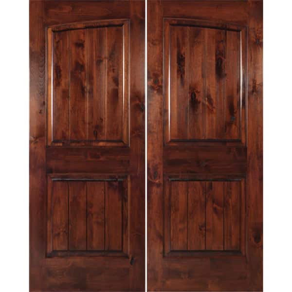 Krosswood Doors 72 in. x 80 in. Rustic Knotty Alder Common Arch Red Chestnut Stain/V-Groove Right-Hand Wood Double Prehung Front Door
