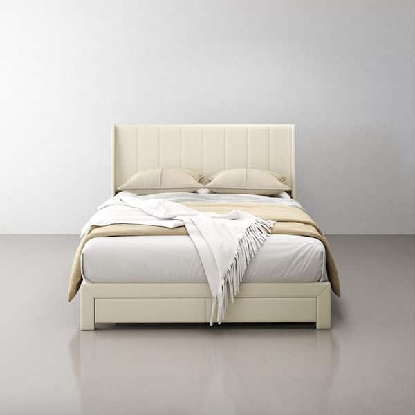 Homy Casa SUMMIT Queen Beige Upholstered Platform Bed with Wingback Headboardand, Metal Frame, Charging Ports and Storage Drawer
