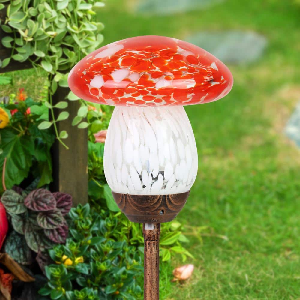 Solar Red and White Glass Mushroom Garden Stake Light